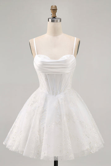 Corset trapèze blanc bretelles spaghetti robe de bal en satin avec appliques